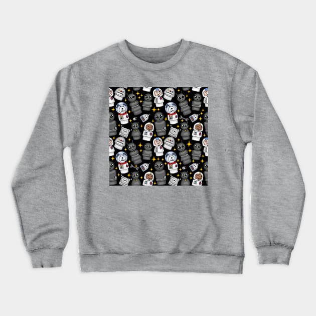 Little Astronauts, Space Dog, Aliens, and Robots Pattern Crewneck Sweatshirt by Slightly Unhinged